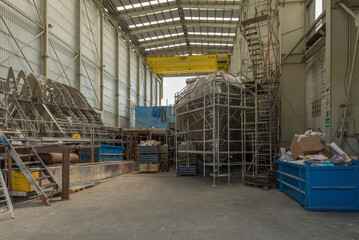 Unfinished ship at the shipyard in Burela, Galicia, Spain