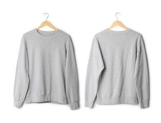 Realistic sweater mockup hanging front and back view isolated on white background with clipping path.