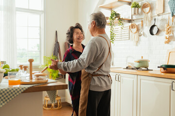 Asian senior adult couple cooking healthy food together at home while dancing in the kitchen...