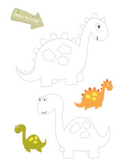 Cute Dinosaurs Games and  Activities for kids. Trace the Lines. Vector illustration.