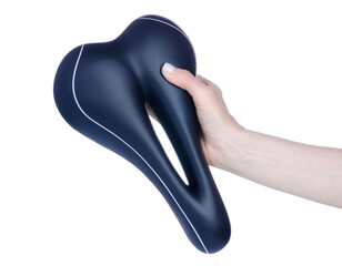 Black leather bicycle seat in hand on white background isolation