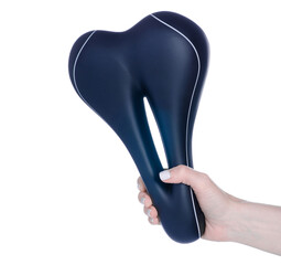 Black leather bicycle seat in hand on white background isolation