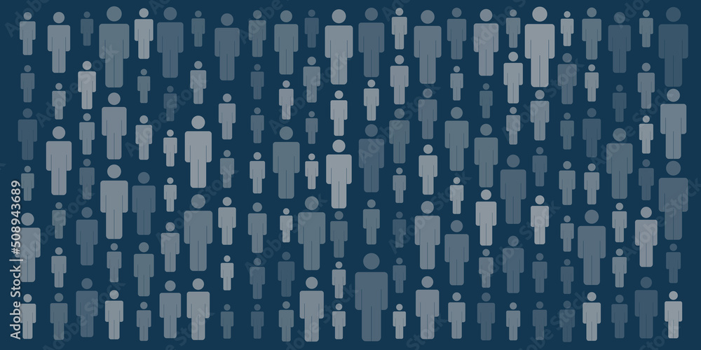 Poster lots of standing figures in various sizes and shades of blue - wide scale texture, retro style mosai