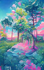 Fantasy forest with oasis, tropical leaves, flowers, stone mountain. Art illustration.