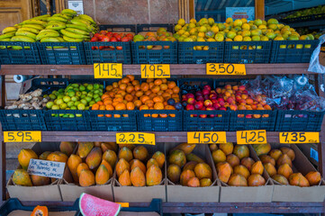 fruits and vegetables market stand produce orange banana lemon