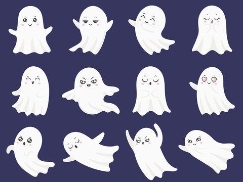 Cute halloween ghosts. Frightened funny ghost, curious spook and smiling ghostly character cartoon vector illustration