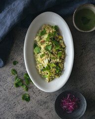 High angle view of food on a table. Close-up shot of ready to serve meal.