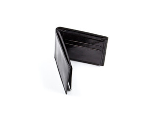Empty half-open wallet. The material from which it is made is black leather.