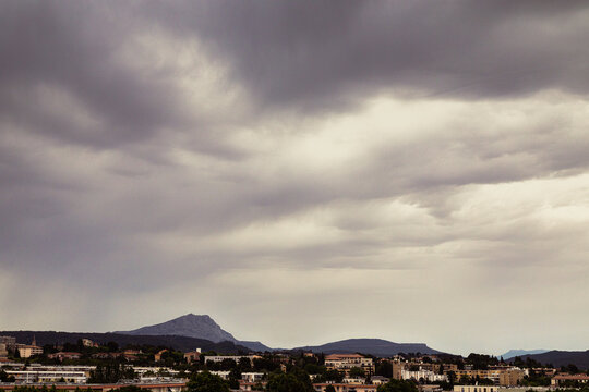 Sainte Victoire mountain in the light of a cloudy spring morning