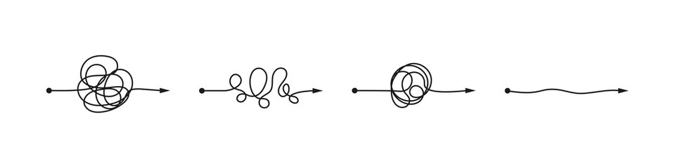 Complex messy lines as concept of chaos solving. Process of problem simplifying in mind. Vector illustration of confusion to clarity step by step, psychotherapy path for mental health