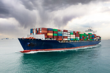 container ship sailing to transport goods in containers for import export internationally and worldwide, business services transportation by container ship open sea,