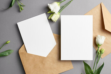 Botanical invitation card mockup with front and back sides, eustoma flowers decorations