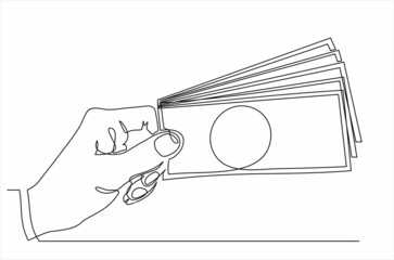 Continuous line drawing of hands holding piles of money banknotes. Human hand with banknotes hand draw minimalism style. Payment with money, buying or purchase of goods. Vector continuous line