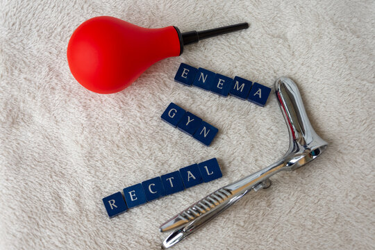 rectoscope and a red enema bulb with the words enema gyn rectal