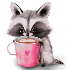 cute cartoon raccoon with cup of drink