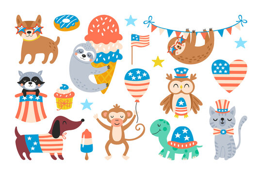 4th of july USA Independence day cute animal set. Childish print for cards, stickers and party invitations