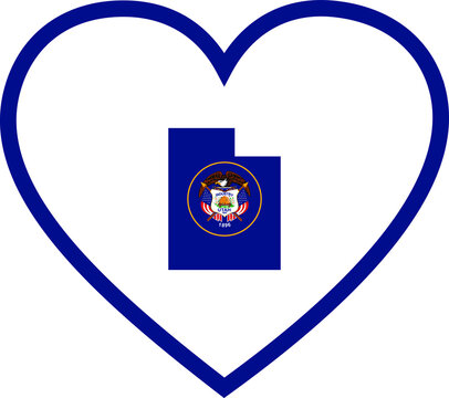 recommend clip art: Map of US federal state of Utah with state flag inside white heart shape with red stroke