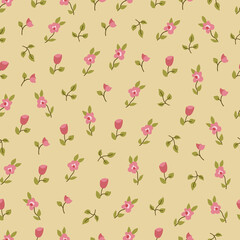 Seamless pattern with pink flowers. Cute little flower vector print for summer. Feminine background for textile, fabric, paper.
