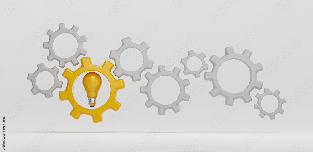 Poster yellow lightbulb with mechanical gear for creative thinking idea and problem solving solution concep