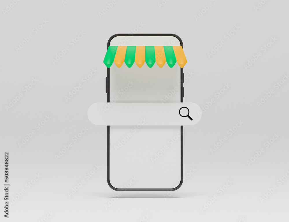 Poster isolated of smartphone with search bar icon for seo or search engine optimisation of e-commerce onli