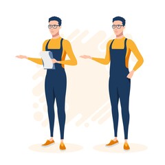 A man in overalls with glasses and a list. Two poses