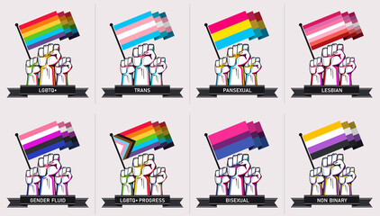 LGBTQ Flags set with modern retro abstract design. Colorful Rainbow LGBT rights campaign. Flag of Lesbians, gays, bisexuals, transgenders, queer, pansexual, non binary. Pride Progress. Raised fists.  - obrazy, fototapety, plakaty