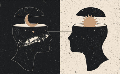 Day and night relationships concept with human heads silhouettes with sun and moon and double exposure effect. Vintage styled vector illustration
