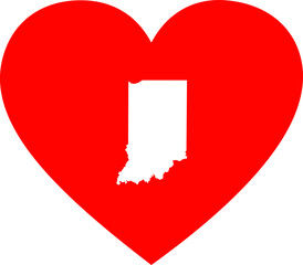 White Map of US federal state of Indiana inside red heart shape