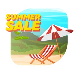 Banner summer sale with beach chaise longue and umbrella.