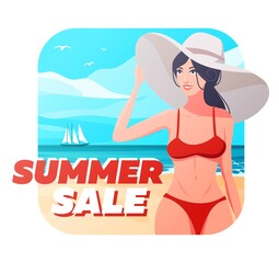 Banner summer sale with a girl in a hat on the background of the sea with a ship.
