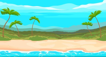 Fototapeta na wymiar The landscape of a tropical sandy beach with palm trees.