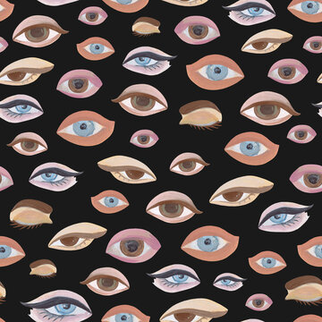 Abstract eyes seamless pattern. Simple shapes on black background.