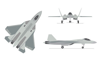 War plane. Strategic Fighter. Isolated on white background. Top, side and front view. Vector illustration.