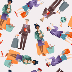Passengers with luggage and passports. Seamless background pattern. Vector illustration 