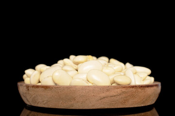 Fototapeta na wymiar Uncooked white beans on a wooden plate, close-up, isolated on a black background.