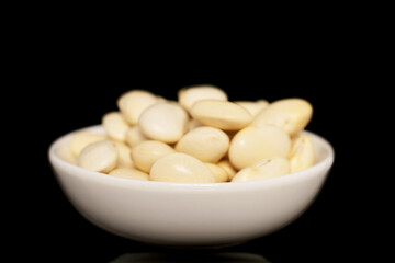 Uncooked white beans on a white ceramic saucer, close-up, isolated on a black background.