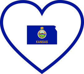 Map of US federal state of Kansas with state flag inside white heart shape with red stroke