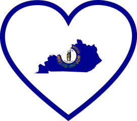 Map of US federal state of Kentucky with state flag inside white heart shape with red stroke