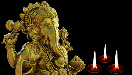 Ganesha god gold statue with candle light on black background