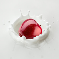 red Apple falls into milk, yoghurt, sour cream, Splash