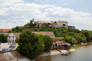 Fototapeta na wymiar Panoramic view of Petrovaradin Fortress, significant military 18th-century fortification from Austro-Hungarian Empire, located on the right bank of the Danube river.