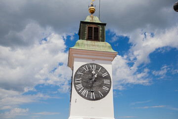 The Clock Tower, visual symbol of the Petrovaradin Fortress at Novi Sad, on Danube river shore....