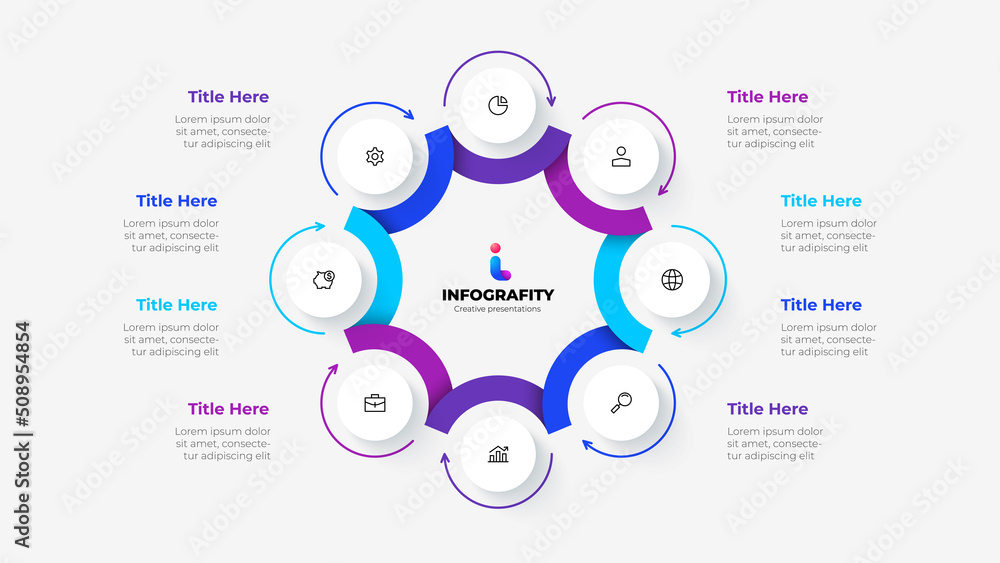 Leinwandbilder Cycle diagram divided into 8 segments. Concept of eight options of business project infographic. Vector illustration for data analysis visualization.