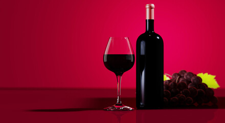 3D Red wine bottle and wine glass and red grapes bunch on dark red  background with copy space