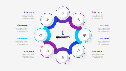 Cycle diagram divided into 8 segments. Concept of eight options of business project infographic. Vector illustration for data analysis visualization.