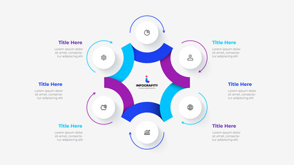 Cycle diagram divided into 6 segments. Concept of six options of business project infographic. Vector illustration for data analysis visualization.