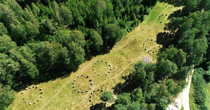 Aerial flight overview archaeological stone circles with largest number of petroglyphs from the Bronze Age