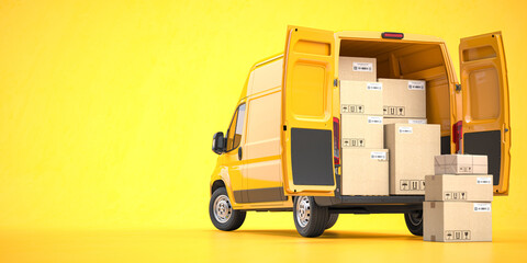 Fast espress delivery concept. Rear view of yellow delivery van with cardboard boxes on yellow background. - 508955210