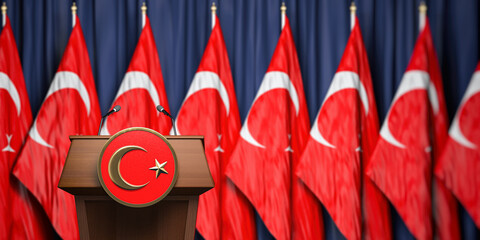 Political event, press conference or speach of a leader of Turkey.  Flag of Turkey and speaker podium tribune.