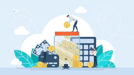 The concept of saving money. Gold coins in a glass, transparent jar with a lid. Piggy bank for storing money. Jar with money. Man puts a gold coin into a glass moneybox. Flat illustration. Vector